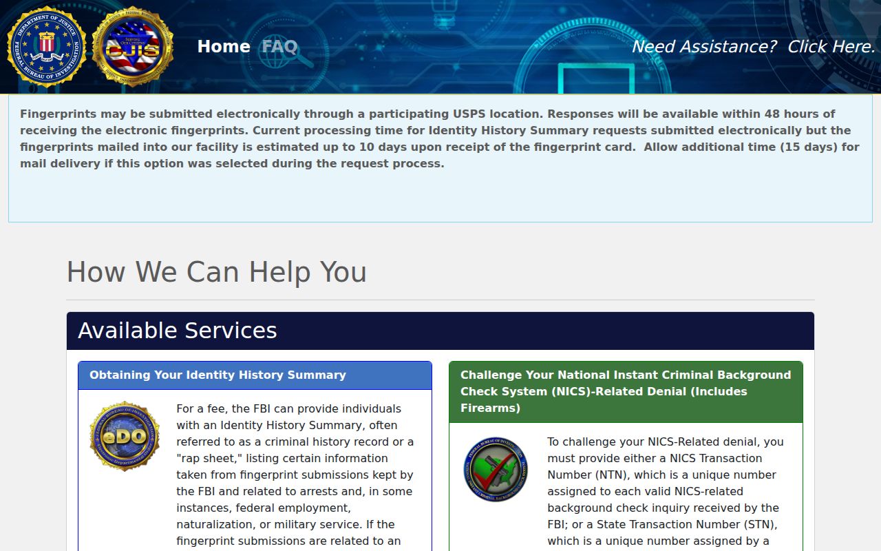Camden County criminal history FBI personal record request portal